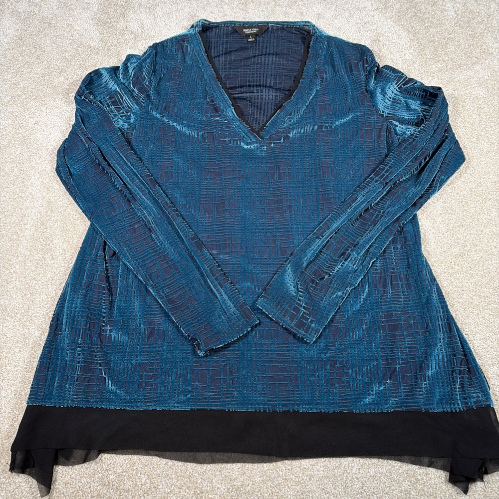 Simply Vera Wang Burnout Velvet Blouse Womens Large Teal‎ Sheer Hem Fairy V Neck